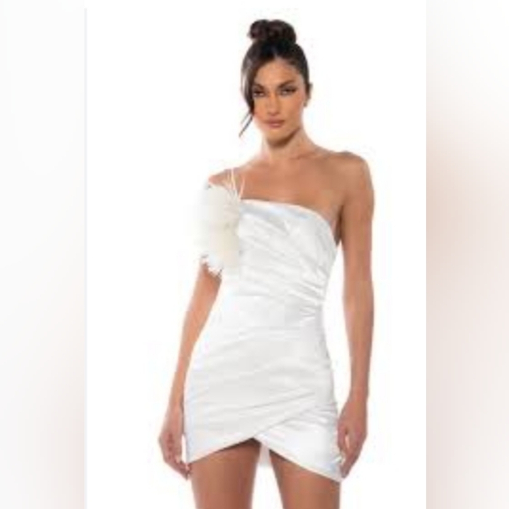 Akira Satin One Shoulder Dress with  Feather Detail